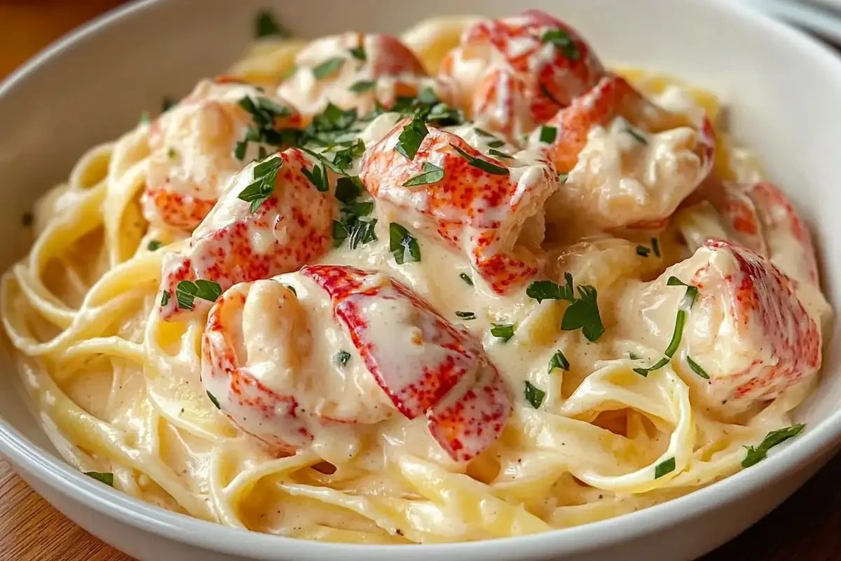 Plate of Lobster Alfredo Pasta with creamy sauce and fresh herbs