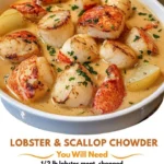 Delicious lobster and scallop chowder served in a bowl garnished with herbs