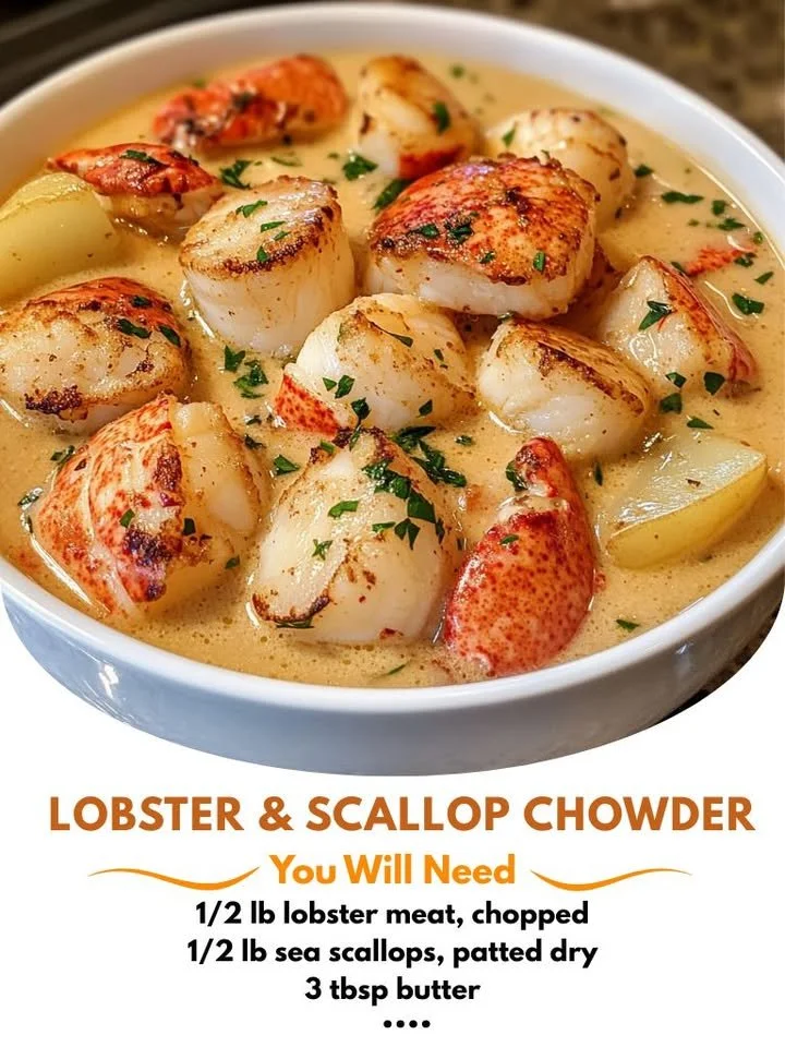 Delicious lobster and scallop chowder served in a bowl garnished with herbs