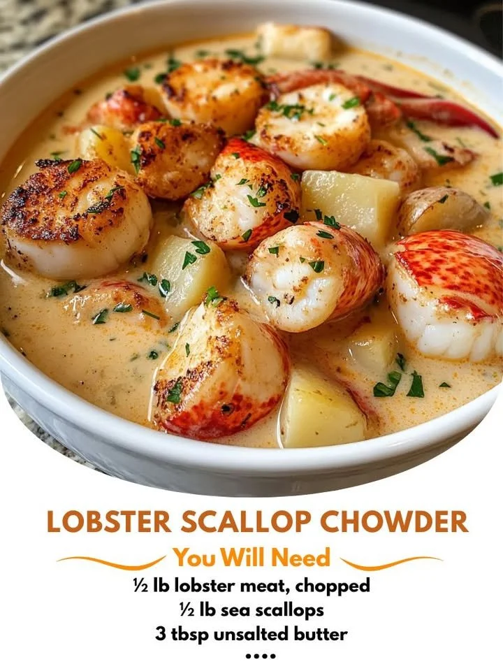 Delicious Lobster Scallop Chowder served in a bowl