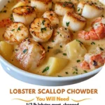 Bowl of delicious lobster scallop chowder topped with herbs