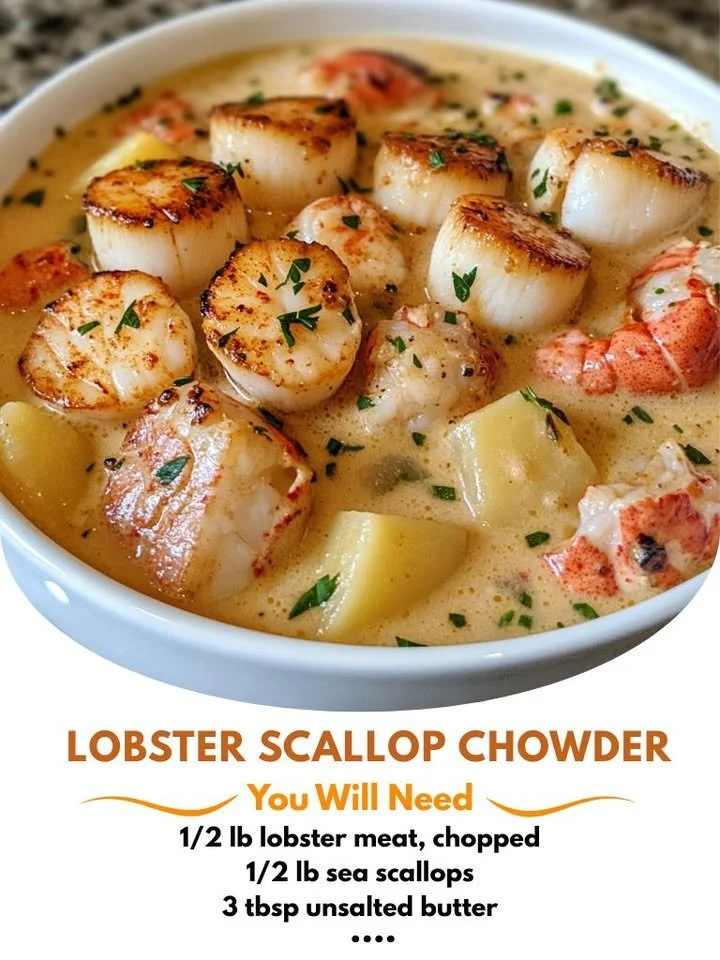 Bowl of delicious lobster scallop chowder topped with herbs