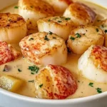 Bowl of Lobster Scallop Chowder garnished with herbs