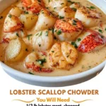 Bowl of creamy lobster scallop chowder garnished with herbs