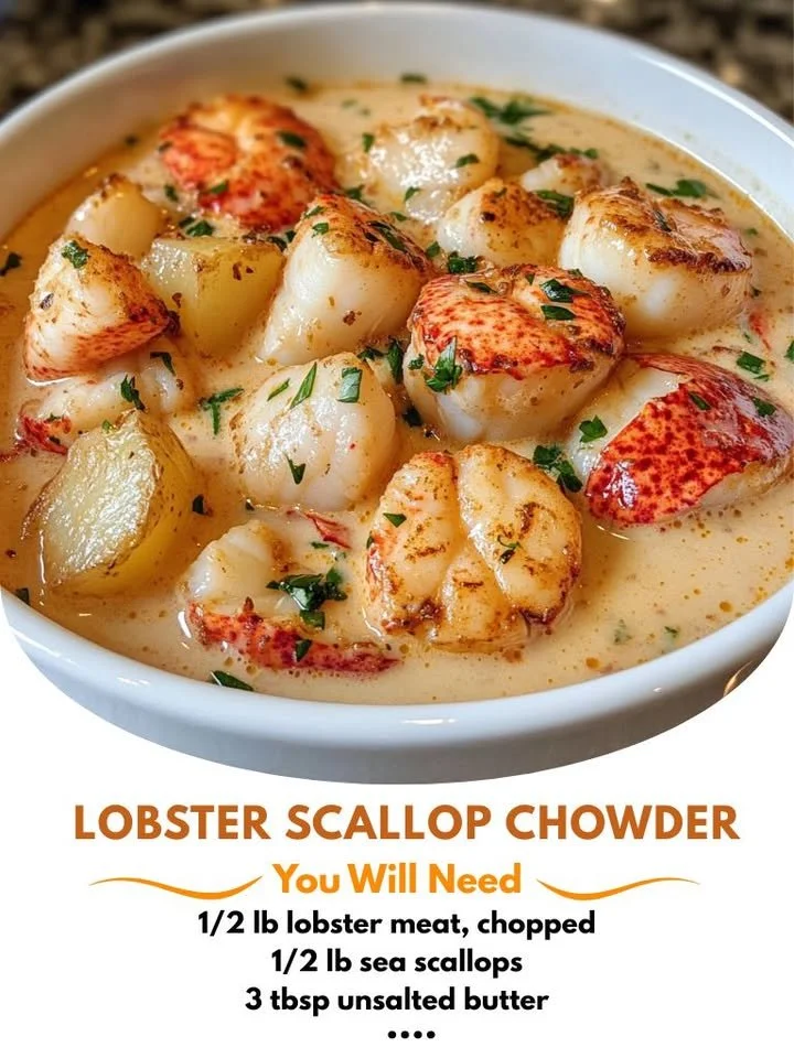 Bowl of creamy lobster scallop chowder garnished with herbs