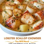 Delicious bowl of lobster scallop soup garnished with herbs