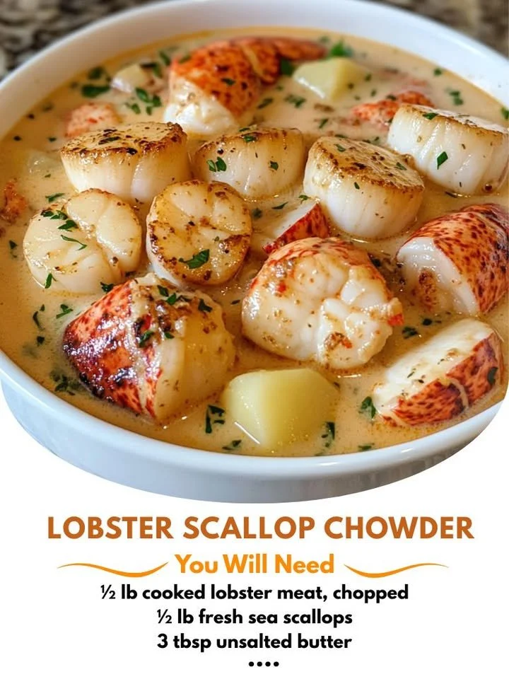 Delicious bowl of lobster scallop soup garnished with herbs