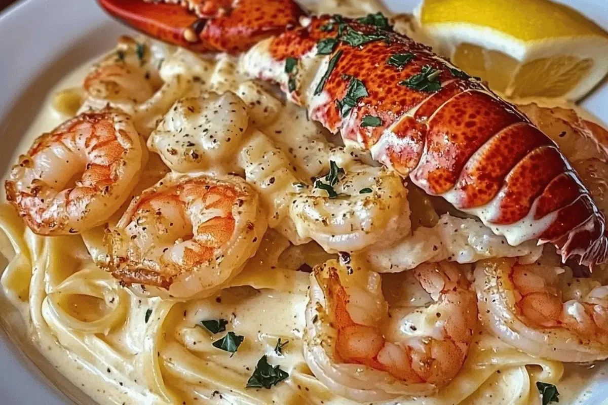 Creamy Lobster Alfredo with shrimp, garnished with parsley and served in a bowl.