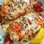 Lobster tails served with garlic butter cream sauce on a plate.