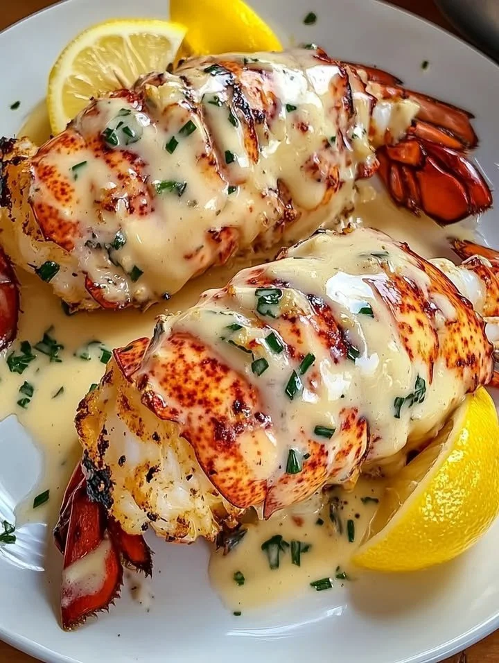 Lobster tails served with garlic butter cream sauce on a plate.