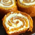 Delicious pumpkin roll dessert with cream cheese frosting on a plate