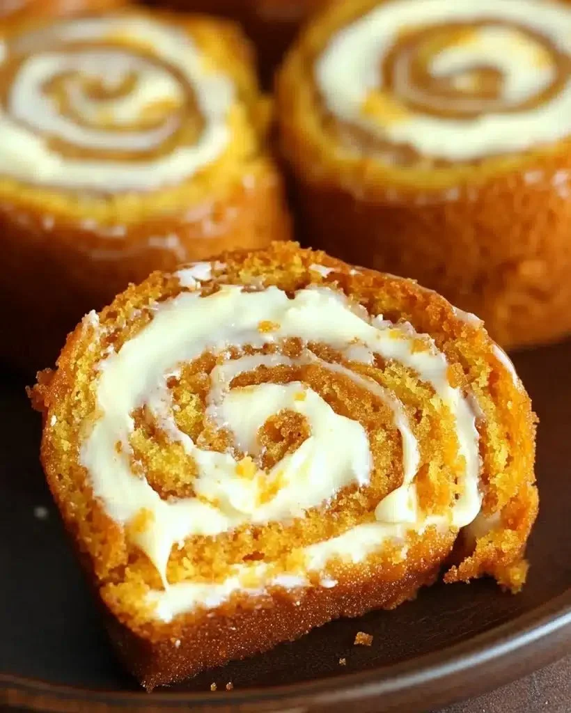 Delicious pumpkin roll dessert with cream cheese frosting on a plate