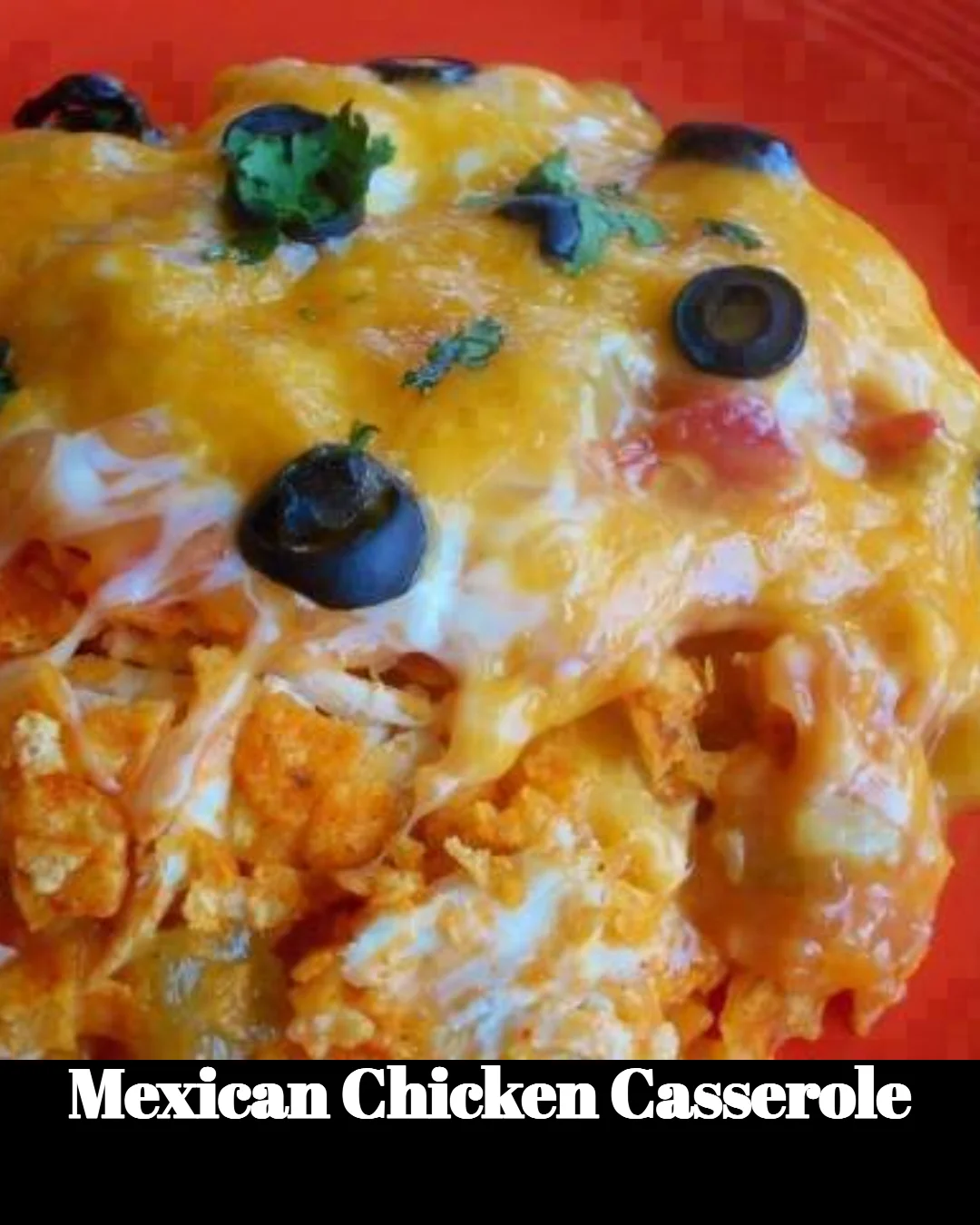 Delicious Mexican Chicken Casserole topped with cheese and peppers