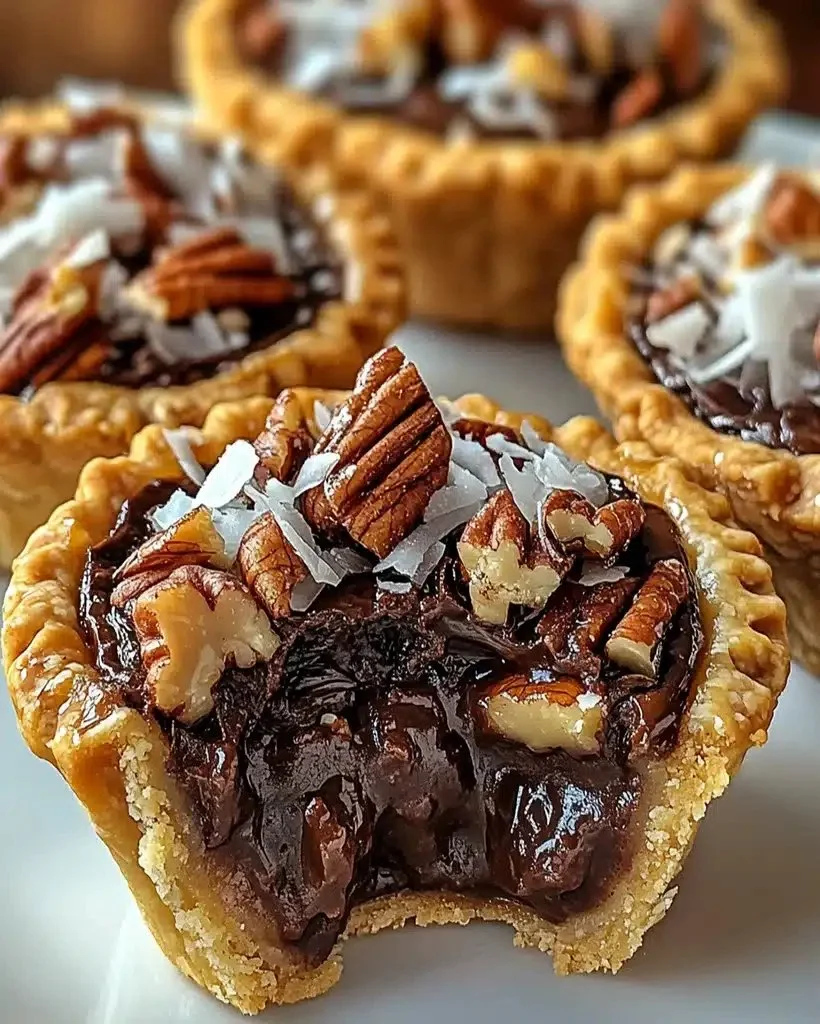Mini chocolate coconut pecan tarts beautifully arranged on a plate.
