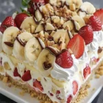 Delicious no-bake banana split cake with layers of bananas and cream