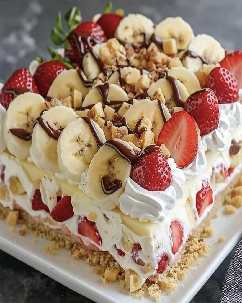 Delicious no-bake banana split cake with layers of bananas and cream