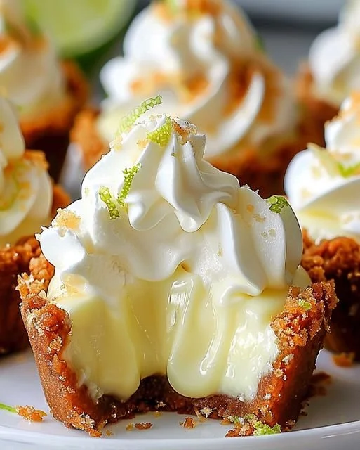 No-bake mini key lime pies topped with whipped cream and lime zest.