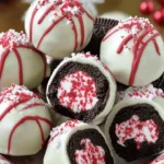 No-bake peppermint Oreo truffles decorated with crushed peppermint.