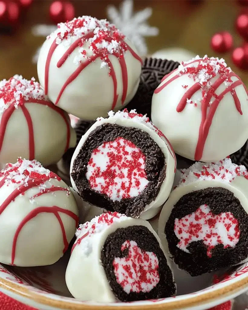 No-bake peppermint Oreo truffles decorated with crushed peppermint.