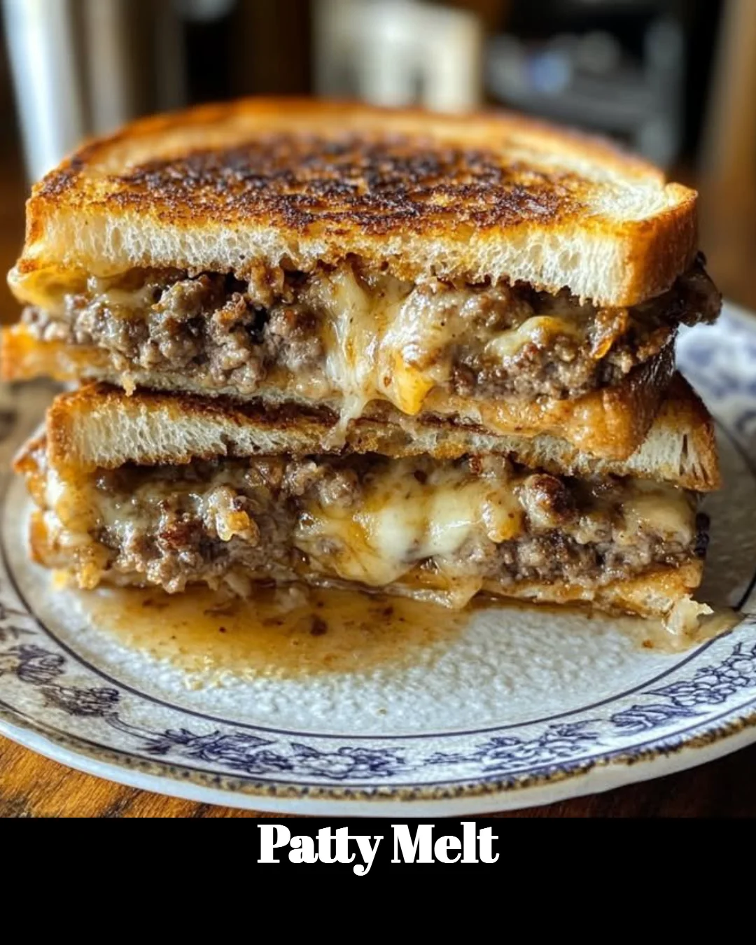 Delicious Patty Melt with beef, cheese, and onions on toasted bread.