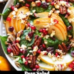 Fresh pear salad with greens and dressing in a bowl.