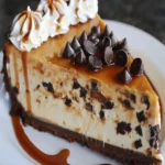 Salted caramel chocolate chip cheesecake topped with decadent caramel drizzle
