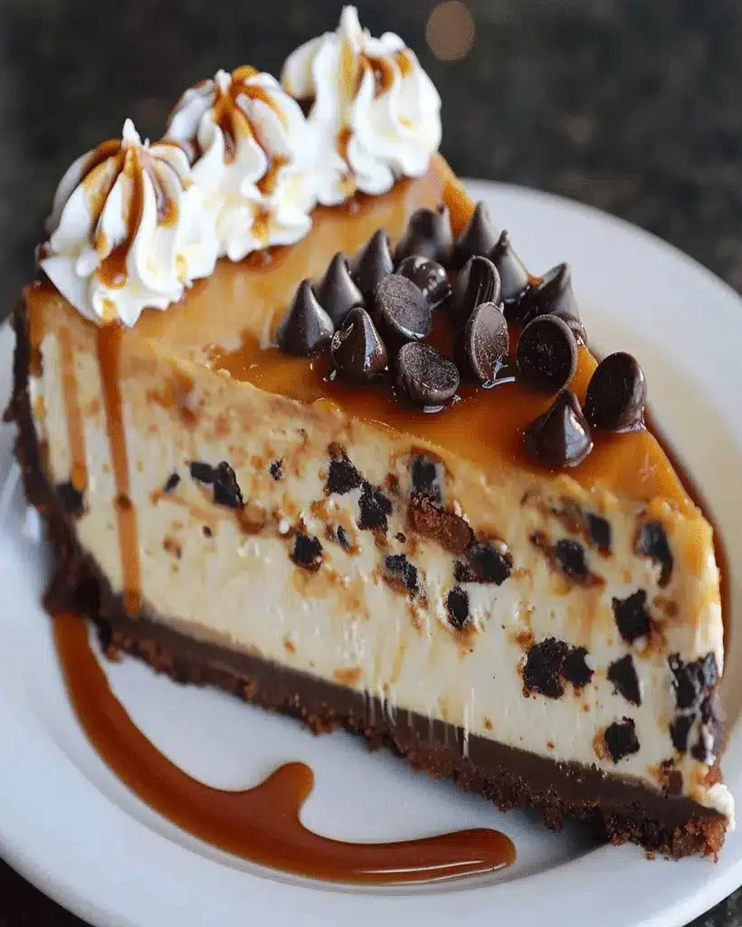 Salted caramel chocolate chip cheesecake topped with decadent caramel drizzle
