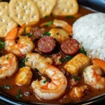 A delicious bowl of Seafood Gumbo with shrimp, crab, and spices.