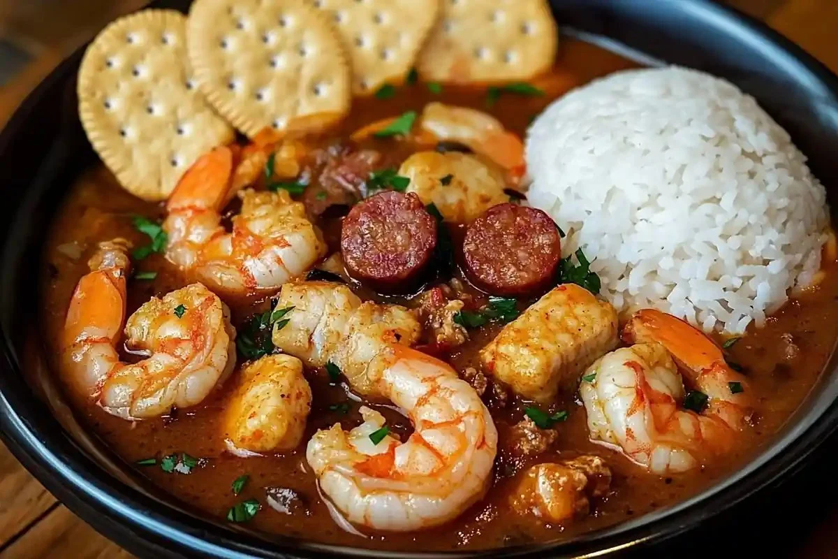 A delicious bowl of Seafood Gumbo with shrimp, crab, and spices.