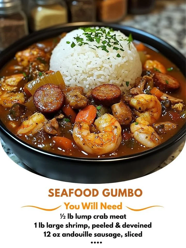 Delicious Seafood Gumbo featuring crab, shrimp, and sausage in a rich broth