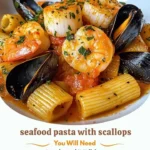 Delicious seafood pasta with scallops, shrimp, and mussels served in a bowl