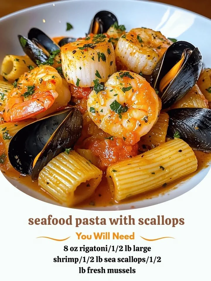 Delicious seafood pasta with scallops, shrimp, and mussels served in a bowl