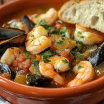 Delicious bowl of seafood stew with fresh fish, shrimp, and vegetables.