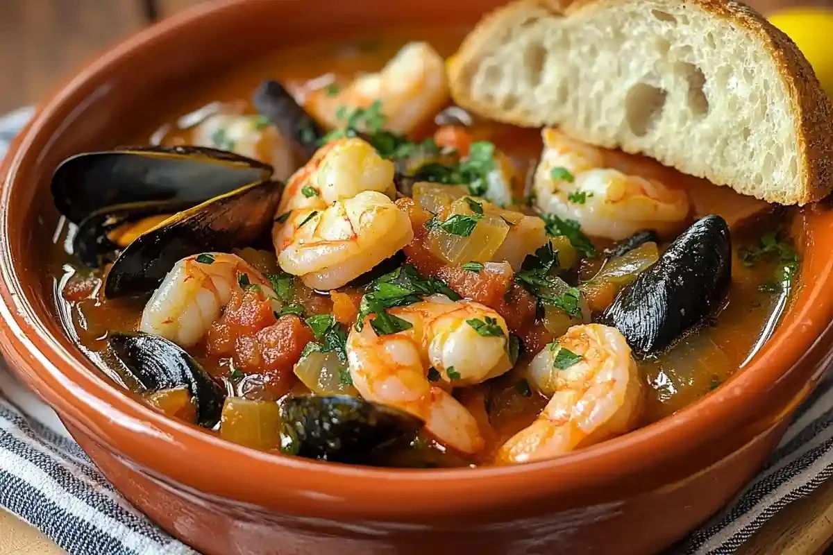 Delicious bowl of seafood stew with fresh fish, shrimp, and vegetables.