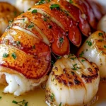 Delicious seared scallops and lobster seafood dish served elegantly on a plate.