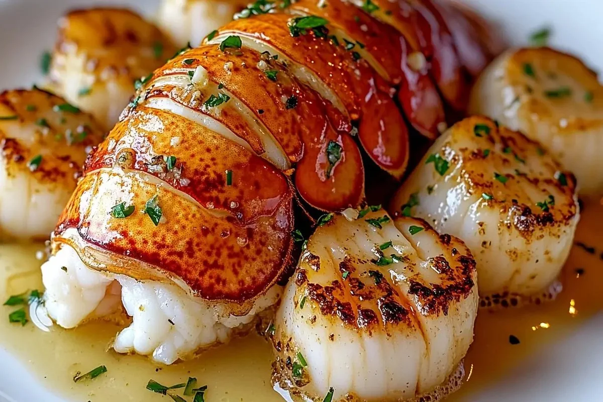 Plated seared scallops with lobster, garnished for a gourmet seafood dish.