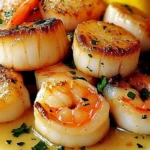 Seared scallops and shrimp cooked in lemon garlic butter