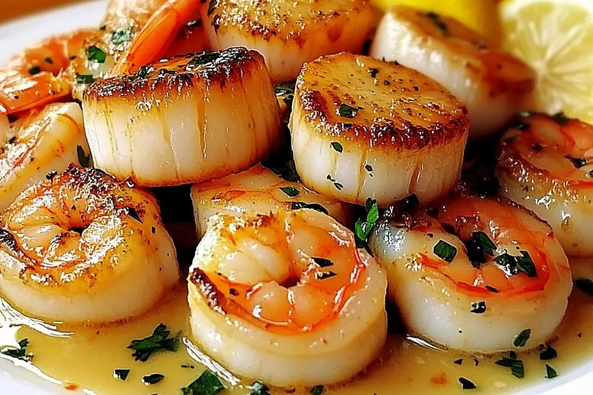 Seared scallops and shrimp cooked in lemon garlic butter