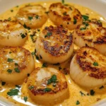 Seared scallops served in a creamy garlic sauce on a plate.