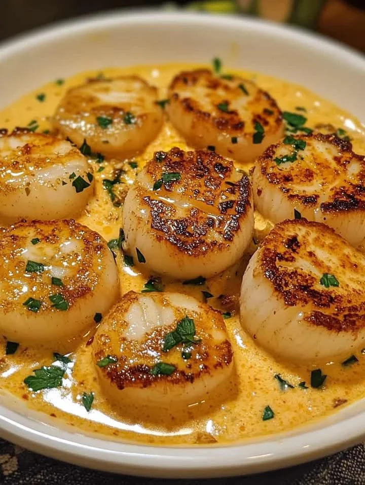 Seared scallops served in a creamy garlic sauce on a plate.