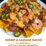 Plate of Shrimp Sausage Nachos topped with cheese, jalapeños, and salsa.