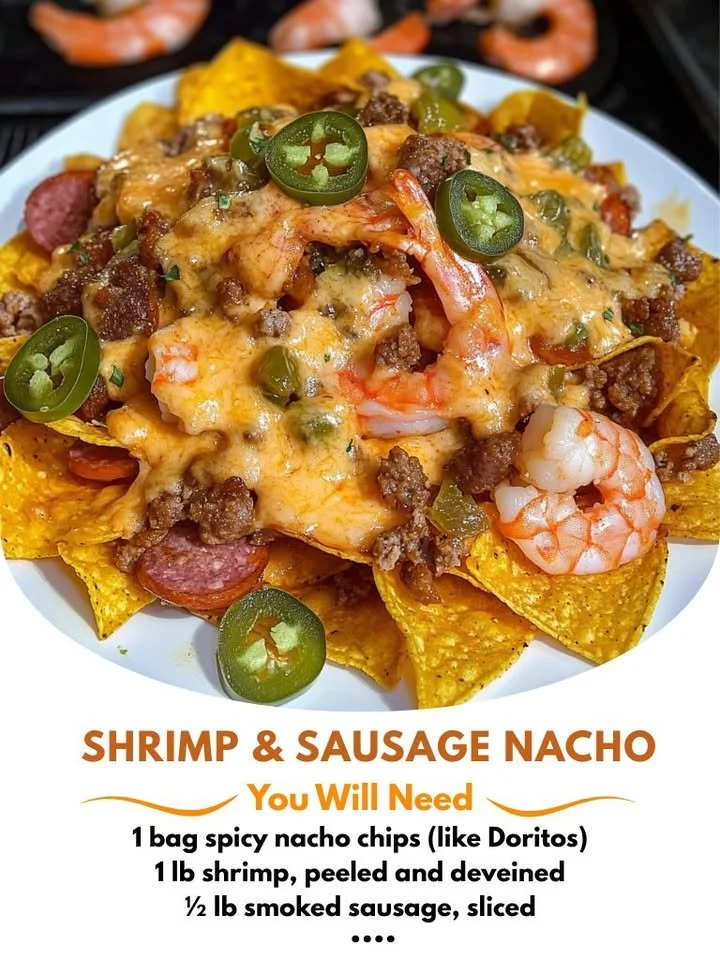 Plate of Shrimp Sausage Nachos topped with cheese, jalapeños, and salsa.