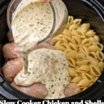 Bowl of Slow Cooker Chicken and Shells with herbs and cheese