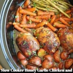 Slow Cooker Honey Garlic Chicken with colorful veggies
