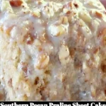 Delicious Southern Pecan Praline Sheet Cake topped with pecans and praline glaze