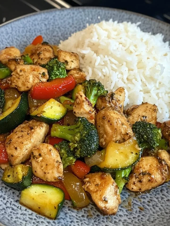 Spicy Garlic Chicken Stir-Fry served with rice in a colorful bowl