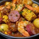 Delicious spicy seafood boil with shrimp, crab, and vegetables served in a pot