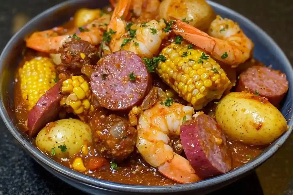 Delicious spicy seafood boil with shrimp, crab, and vegetables served in a pot