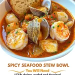 Bowl of spicy seafood stew with toasted bread on the side