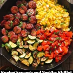 Colorful Spring Sausage and Veggies Skillet with fresh ingredients in a frying pan